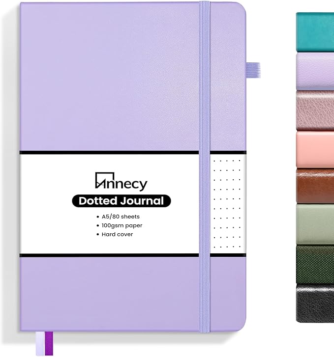 Annecy Numbered Bullet Dotted Journal Notebook, Medium 5.5x 8.25, 160 Pages 100GSM Writing Paper, A5 Purple Faux Leather Cover with Pen Loop