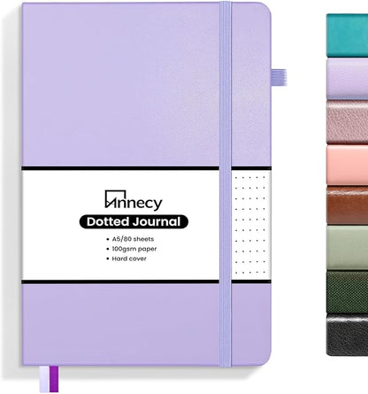 Annecy Numbered Bullet Dotted Journal Notebook, Medium 5.5x 8.25, 160 Pages 100GSM Writing Paper, A5 Purple Faux Leather Cover with Pen Loop