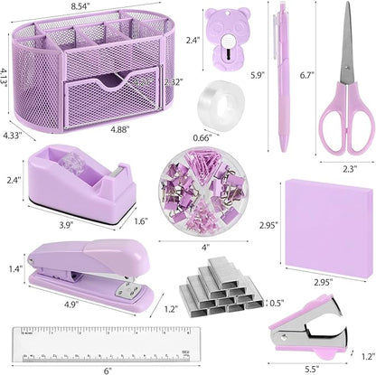 Office Supplies for Desk,14pcs Purple Desk Sets and Accessories, Office Supply Kit with Mesh Desktop Organizer and Stapler,Staple Remover, Staples,Tape Dispenser,Sticky Tabs,Scissors, Ruler