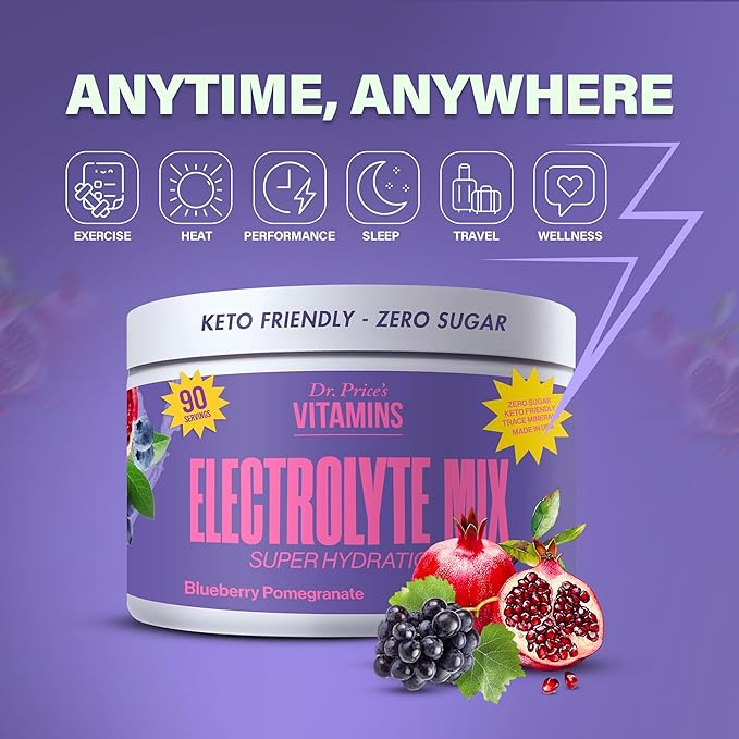 Dr. Price’s Electrolytes Powder Bulk | Blueberry Pomegranate 90 Servings | Sugar Free Hydration Powder with 72+ Trace Minerals | Keto, Vegan, Electrolyte Drink Mix | Doctor-Formulated, Made in USA