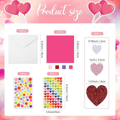 Zonon 16 Pack Valentines Crafts DIY Card Valentines's Day Kits Foam Heart Sticker Craft DIY Kits Envelopes Cards Set for Exchange Gifts (Bright Color)