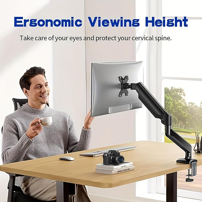 Ultrawide Monitor Arm for 13 to 32 inch Flat/Curved Computer Screen, Gas Spring Single Monitor Mount Holds up to 17.63 lbs, Clamp & Grommet Base, VESA 75x75/100x100mm, Black