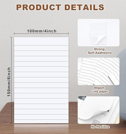 Pack of 400 Sticky Notes White,Lined Self-Adhesive Notes 100 x 150 mm, Sticky Note Pads with Lines, Large Lined Sticky Notes for Marking Pages for Office, Study, Home, 8 Pack/400 Sheets