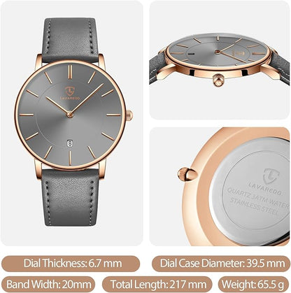 L LAVAREDO Watch for Men, Extremely Thin Mens Watches Minimalist Analog Men's Leather Wrist Watches with Time/Date, Birthday Gift for Men Boyfriend