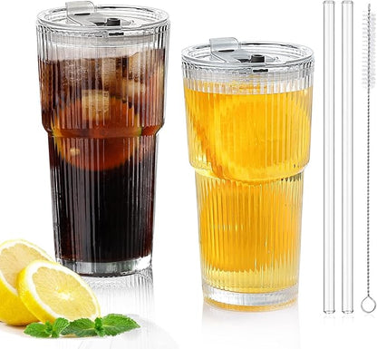 Glass Cups with Lids and Straws - 18oz Glass Tumbler with Straw and Lid, Premium Coffee Cups for Tea, Iced Coffee, Smoothie，Ideal Gift for Home, Office, Coffee Shop Use, 2 Pack
