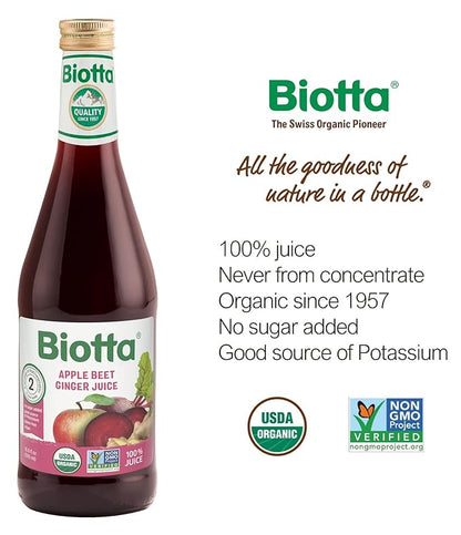 Biotta Organic Apple Beet Ginger Juice - Superfood Blend with Organic Beetroot Juice, Apple, and Ginger Root (16.9 Fl Oz, Pk of 6)