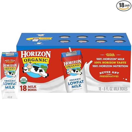 Horizon Organic Shelf Stable 1% Lowfat Milk Boxes, 8 fl oz, 18 Count - 8g Protein per Serving, USDA Organic UHT from Pasture-Raised Cows, Ready to Drink for Lunchbox, Travel, or On-the-Go, No Refrigeration Needed