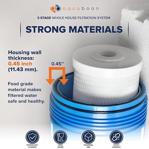 Aquaboon 3-Stage Water Filter System with Prefilter & 20x4.5 Carbon Block, Anti-Scale, KDF Whole House Filters, Pressure Gauge & Release, Wrench, Freestanding Steel Frame