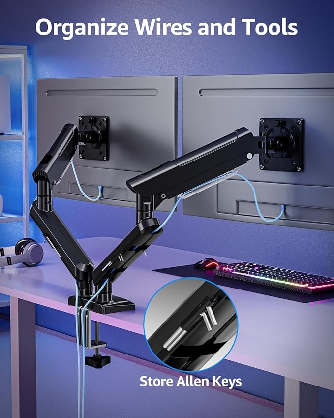 Dual Monitor Mount for 32 27 24 22inch Screens, Gas Spring Monitor Stand for 2 Monitor, Full Adjustable Monitors Desk Mount with C-Clamp＆Grommet Base, Each Arm Holds 4.4-22 lbs, Freelift Pro Black