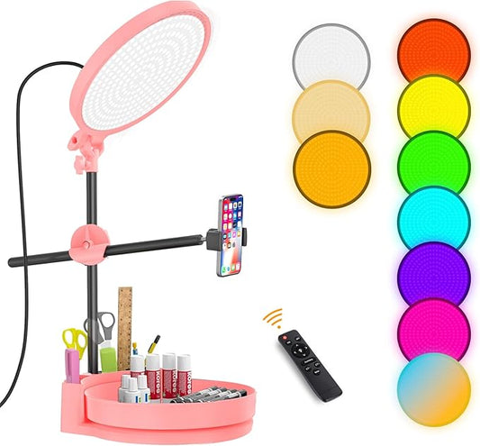 Selfie Light Kit for Desk and Laptop,55W Dimmable Full Screen Ring Light,with Rotating Storage Box,Pen Holder Stand,Phone Holder and Controller (Pink-RGB, 10.5)