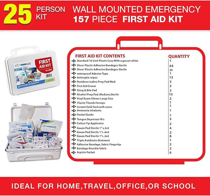 Primacare KC-25PP 25 Person Compact First Aid Kit with 157 Pieces Emergency Medical Supplies, Portable Kits for Home, School and Office, Wall Mount, 10x7x3 inches