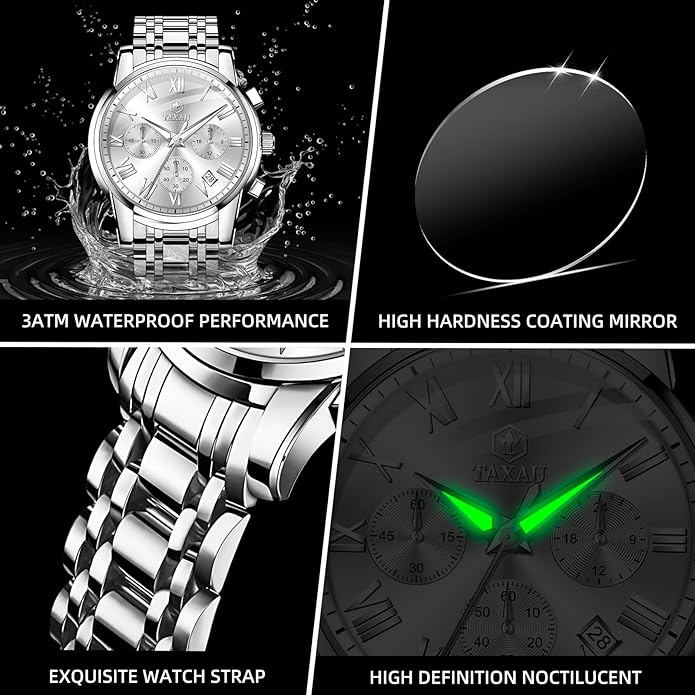Mens Silver Watch Luxury Minimalist Dress Watch Classic Waterproof Watches for Men Analog Quartz Stainless Steel Men's Wrist Watches with Date Luminous Relojes para Hombres