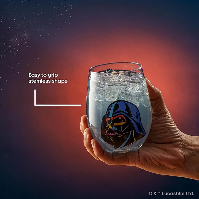 JoyJolt Star Wars Cosmic Color Stemless Drinking Glasses, 19oz Glass Cups ft Darth Vader, Stormtrooper, Boba Fett, R2-D2 - Star Wars Kitchen Glasses Set of 4, Gifts for Men, Women & Adults