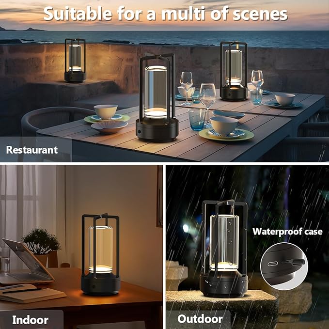 Cordless Portable Table Lamp Rechargeable for Indoor/Outdoor, 3000mAh Small Battery Powered Operated Lights, 3 Color Modes Dimmable Waterproof, LED Desk Lamp for Restaurant/Bedroom/Camping (Black)