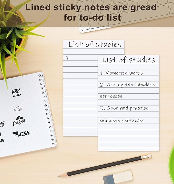 Pack of 400 Sticky Notes White,Lined Self-Adhesive Notes 100 x 150 mm, Sticky Note Pads with Lines, Large Lined Sticky Notes for Marking Pages for Office, Study, Home, 8 Pack/400 Sheets