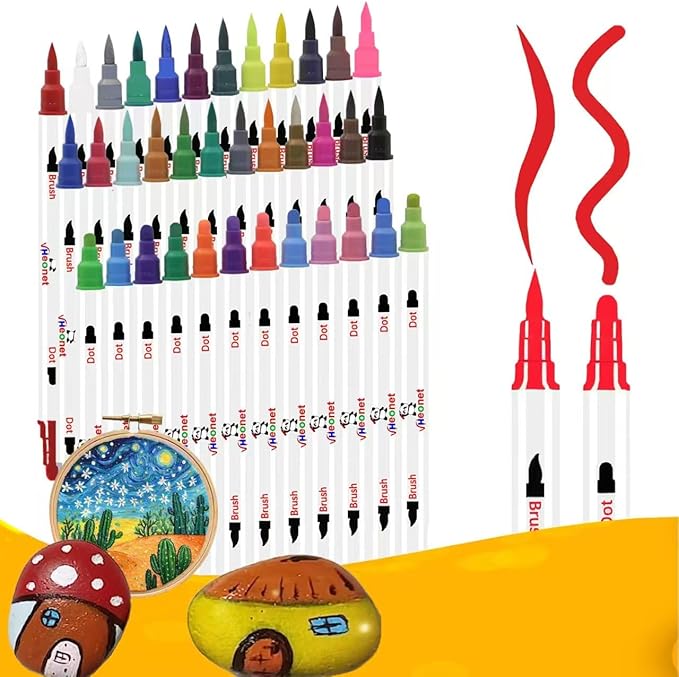 Acrylic Paint Markers, 36 Colors Fabric Markers ,Acrylic Paint Pen Dual Tip with Brush Tip and Dot Tip, No Bleeding Coloring Marker for Wood, Rock, Canvas, Glass, Metal, Ceramic, Plastic, Fabric