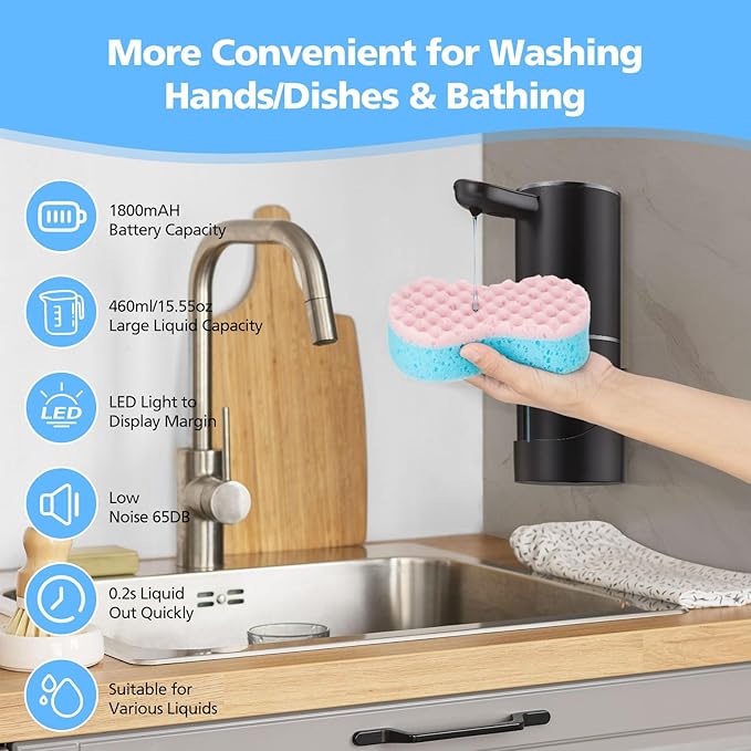 Automatic Liquid Soap Dispenser, 15.55 oz/460mL USB C Rechargeable Soap Dispenser, 5 Adjust Volume Touchless Hand Sanitizer Dispenser, Motion Sensor Waterproof Pump for Bathroom Kitchen (Black)