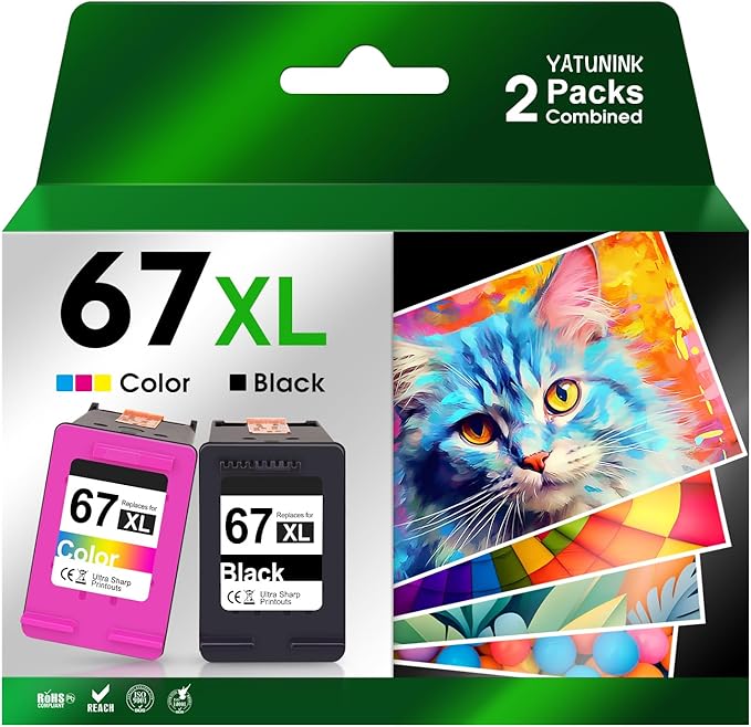 67XL Ink Cartridges Combo Pack Compatible for HP Ink 67 XL Work with DeskJet 4155e 2800e 2755e 2700 2734e 2855e Envy 6455e 6400e 6000 Printer (Black, Tri-Color)