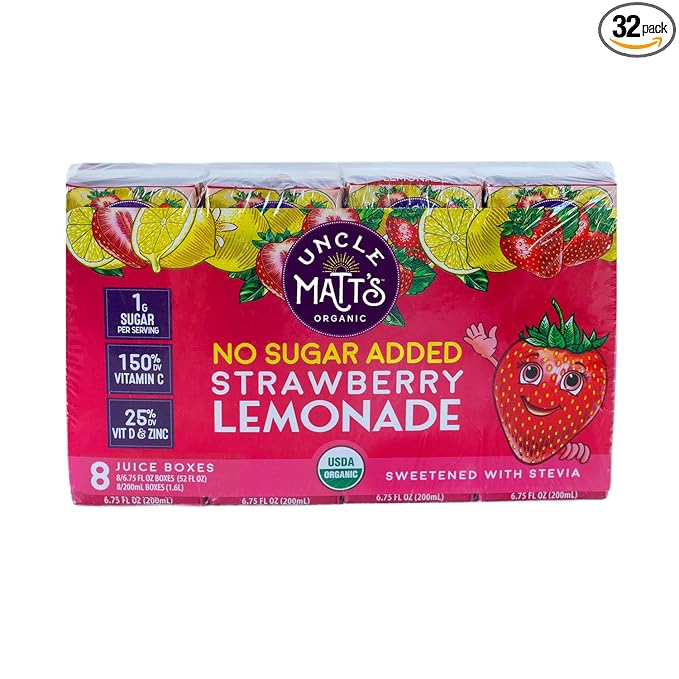 Uncle Matt’s No Sugar Added Strawberry Lemonade Organic Fruit Juice Box for Kids with Vitamin C, D, Zinc, Only 10 Calories, 32 pack of 6.75 oz Boxes