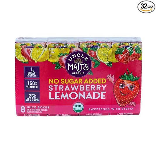 Uncle Matt’s No Sugar Added Strawberry Lemonade Organic Fruit Juice Box for Kids with Vitamin C, D, Zinc, Only 10 Calories, 32 pack of 6.75 oz Boxes