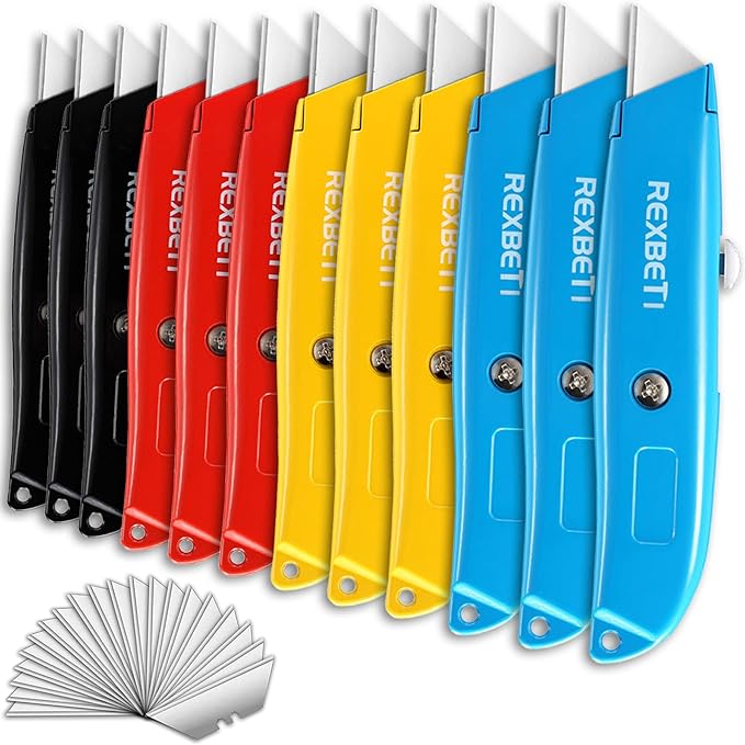 REXBETI 12 Pack Utility Knife Retractable Box Cutter, 4 Color Heavy Duty Aluminum Shell Knife Sets with Extra 20pc SK5 Blades for Cartons, Cardboard and Boxes