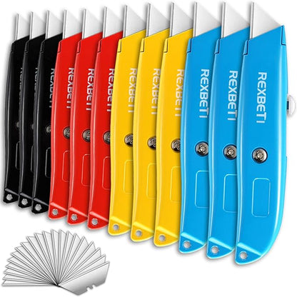 REXBETI 12 Pack Utility Knife Retractable Box Cutter, 4 Color Heavy Duty Aluminum Shell Knife Sets with Extra 20pc SK5 Blades for Cartons, Cardboard and Boxes