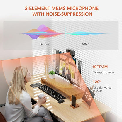 NUROUM V15AF 2K Webcam for PC, 1080P 60fps Autofocus HD Webcam with Dual Noise Cancelling Microphone, 75° FOV&Light Correction, USB Web Camera Plug&Play for Zoom/Teams,Grey
