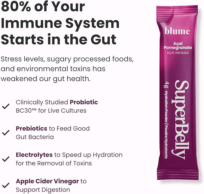 Blume SuperBelly Gut Health and On-The-Go Hydration Packets, GLP-1 Friendly, Sugar-Free, with Prebiotics, Probiotics, Apple Cider Vinegar, Vitamin C, and Electrolytes, Açai Pomegranate, 15 Sticks