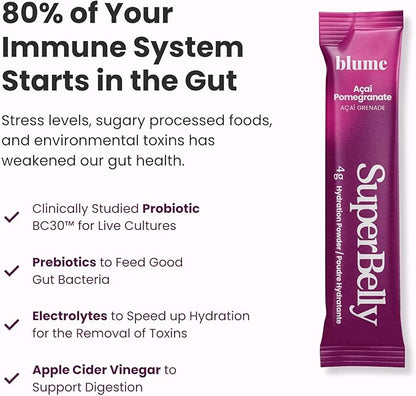 Blume SuperBelly Gut Health and On-The-Go Hydration Packets, GLP-1 Friendly, Sugar-Free, with Prebiotics, Probiotics, Apple Cider Vinegar, Vitamin C, and Electrolytes, Açai Pomegranate, 15 Sticks
