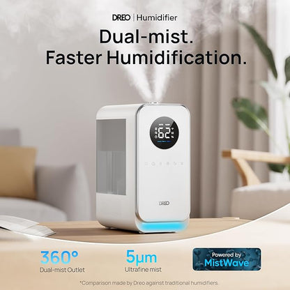 DREO Humidifiers for Bedroom, Top-filled Smart Quiet Cool Mist Humidifiers for Large Room Home, Oil Diffuser & Nightlight, 50Hours Runtime for Indoor Plants, with Alexa/Google, Grey
