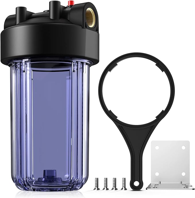 SimPure Whole House Water Big Filter Housing (DB10C), 10" x 4.5", Blue for Whole Home Water Filtration, Sediment Water Filter System for Well, 1" NPT Brass Port (Clear Housing)