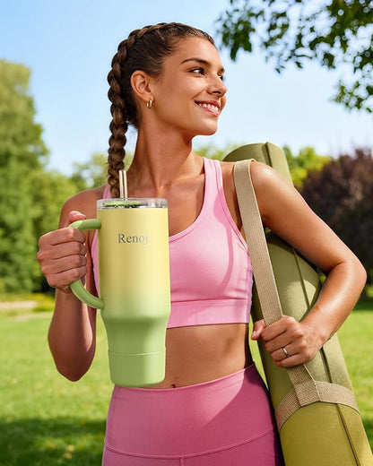 Renoj Tumbler with Handle 100% Spill Resistant Insulated Water Bottle for Iced Coffee & Hot Drinks - Fits Car Cup Holder, Ideal Gift, 2 Straws & Silicone Boot BPA-Free - FlexSlide Green Gradient 40 oz
