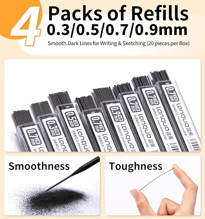 Mechanical Pencil Set with Case, 4PCS 0.3/0.5/0.7/0.9mm Art Mechanical Pencils + 4 Tubes Lead Refills (0.3/0.5/0.7/0.9mm) + 3PCS Erasers + 1PCS Case, Drawing Mechanical Pencils for Writing, Sketching