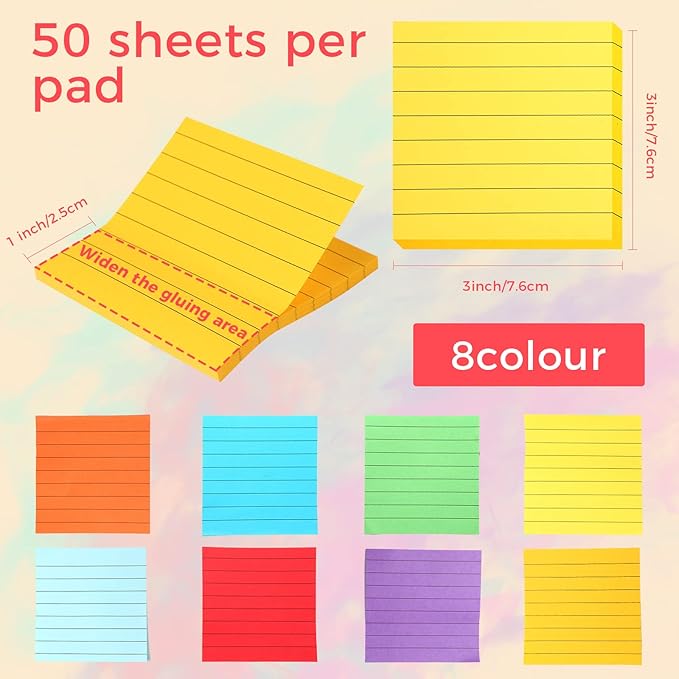 64 Pack Lined Sticky Notes 3x3 Post Note with Lines Bright Ruled Sticky Notes Bulk Note Pads Self Adhesive Memo Papers with Lines for Office, Home, School, Meeting