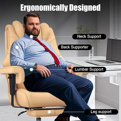 600lbs Big and Tall Office Chair - Wide Ergonomic Leather Executive Chair with Footrest, Lumbar Support & Swivel Wheels (Brown)