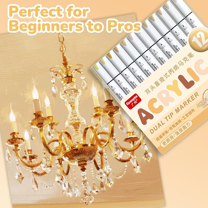 Guangna 12 Skin Tone Dual Tip Acrylic Paint Markers, Brush Tip & Chisel Tip Acrylic Paint Pens for Pumpkin Paint, Rock, Wood, Glass, Paper, Coloring Book, Ceramic, Canvas, Water-Based Ink