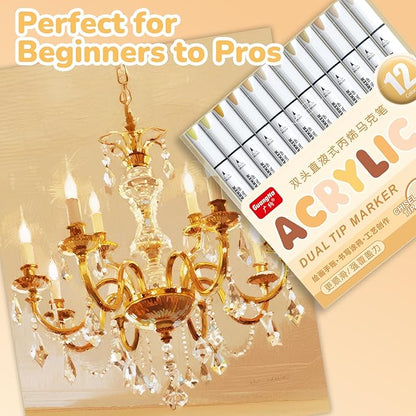 Guangna 12 Skin Tone Dual Tip Acrylic Paint Markers, Brush Tip & Chisel Tip Acrylic Paint Pens for Pumpkin Paint, Rock, Wood, Glass, Paper, Coloring Book, Ceramic, Canvas, Water-Based Ink