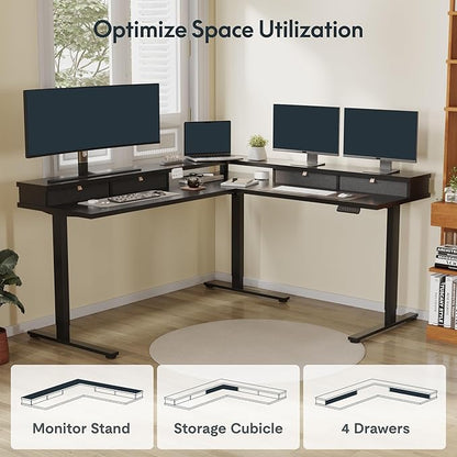 SANODESK 71" L Shaped Standing Desk with 4 Drawers, Height Adjustable Stand up Desk, Corner Gaming Desk with Monitor Stand, Black Frame/Black Top