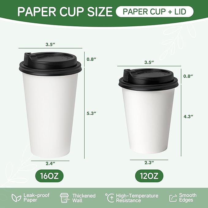 12 oz Coffee Cups with Lids 100 Pack, White Leak-Proof Disposable Coffee Cups for Hot/Cold Beverages, Party Supplies, To-Go Paper Cups for Coffee, Tea, Office, Picnic