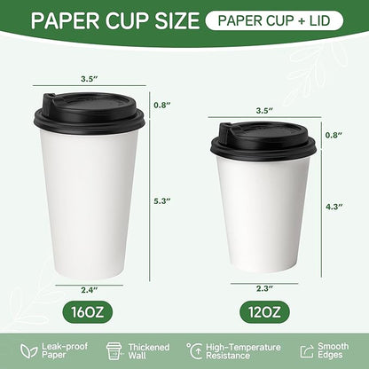 12 oz Coffee Cups with Lids 100 Pack, White Leak-Proof Disposable Coffee Cups for Hot/Cold Beverages, Party Supplies, To-Go Paper Cups for Coffee, Tea, Office, Picnic