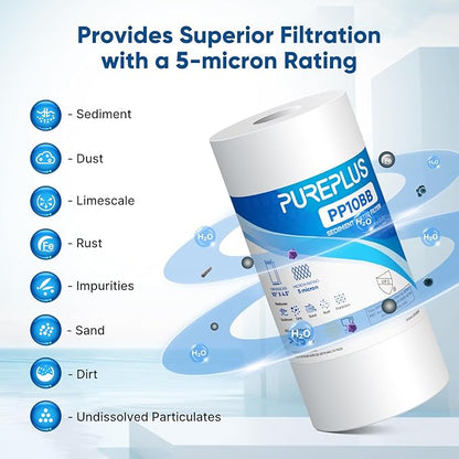 PUREPLUS 5 Micron 10" x 4.5" Whole House Sediment Home Water Filter Replacement Cartridge for Culligan RFC-BBSA, HD-950, WFHD13001B, W15-PR, GXWH30C, GXWH35F, Aqua-Pure AP817, PP10BB, 3PACK