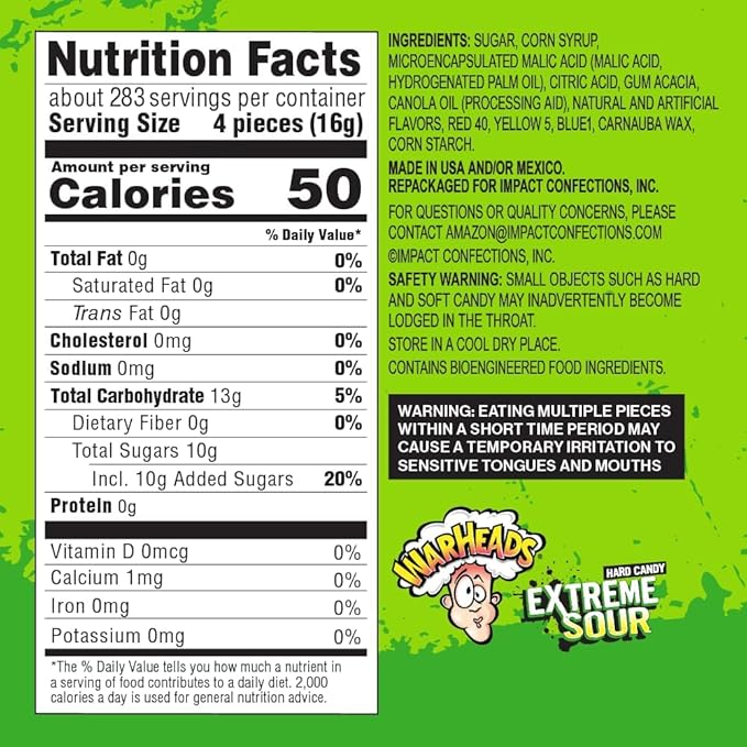 WARHEADS - Extreme Sour Hard Candy - Sour Apple, Black Cherry, Blue Raspberry, Lemon & Watermelon Flavors, Great For Parades - 10 lb. Bulk Bag