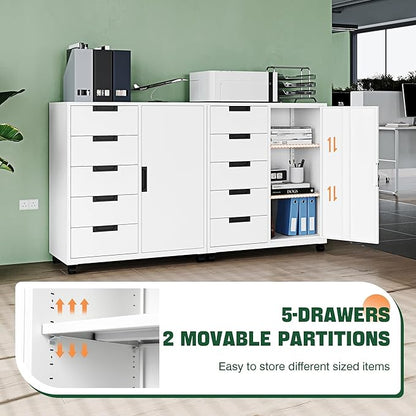 Letaya 5 Drawer Storage Cabinet, Mobile Printer Stand for Home Office,Dresser Chest with Shelves and Door(White)