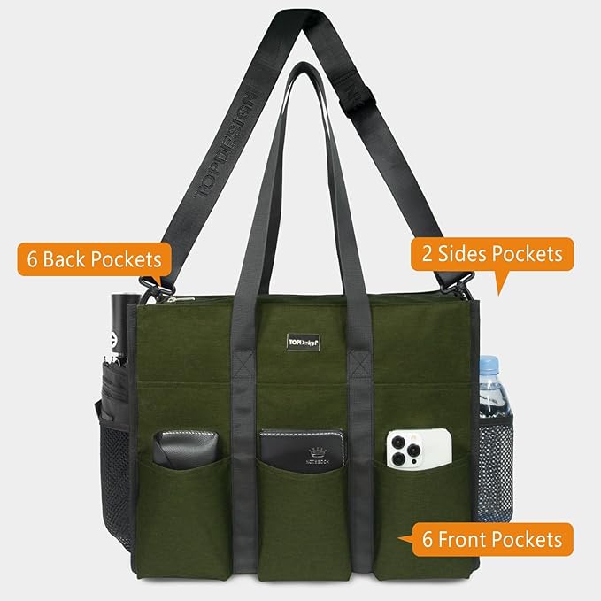 TOPDesign Utility Water Resistant Tote Bag with 22 Pockets, Top Zipper Closure & Thick Bottom Support, for Working Women