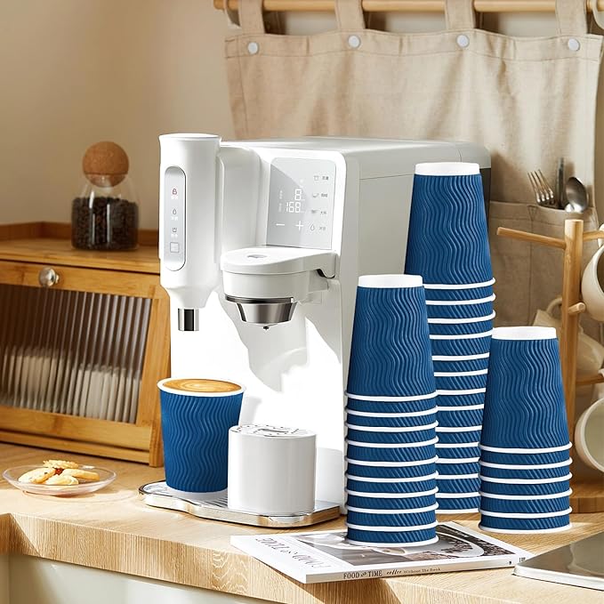 Lamosi 12 OZ Disposable Coffee Cups with Lids 100 Pack, Hot Paper Insulated Corrugated Ripple Wall Cup for To Go Drinks and Beverages