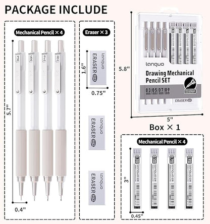 Mechanical Pencil Set with Case, 4PCS 0.3/0.5/0.7/0.9mm Art Mechanical Pencils + 4 Tubes Lead Refills (0.3/0.5/0.7/0.9mm) + 3PCS Erasers + 1PCS Case, Drawing Mechanical Pencils for Writing, Sketching