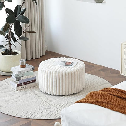 Tiita Round Stuffed Pouf Ottoman, Stripe Faux Fur Poufs with Foam Chunk Filling, Furry and Fluffy Pouf 21×21×12 inch Foot Stool Storage Ottoman,Puff Office Foot Rest for Couch Living Room, Beige