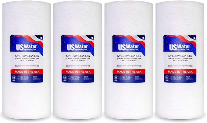 US Water Systems Spun Polypropylene Sediment Filter 5 Micron Water Filter 10 X 4.5, Whole House Water Filter Cartridge that Removes Dirt, Rust, and Sediment, Made in the USA, Pack of 4