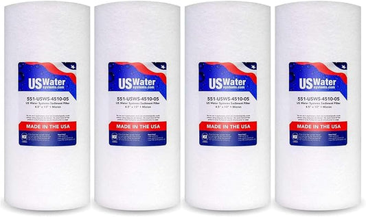 US Water Systems Spun Polypropylene Sediment Filter 5 Micron Water Filter 10 X 4.5, Whole House Water Filter Cartridge that Removes Dirt, Rust, and Sediment, Made in the USA, Pack of 4