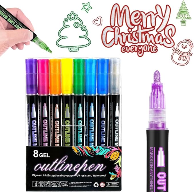 Marker Pen for Highlight, Outline Shimmer Markers Double Line Self-Outline Metallic Glitter Pens Super Squiggles Glitter Marker Set for Card Scrapbook Craft Arts Supplies, Gifts for Kids Teen Girl(8)